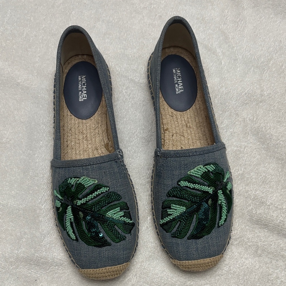 Michael Kors Gray Espadrilles with Green Leaf Embroidery